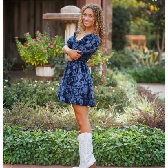 Free People Delilah Blue Floral Puff Sleeve Smolished Backless Mini Dress - Picture 1 of 6
